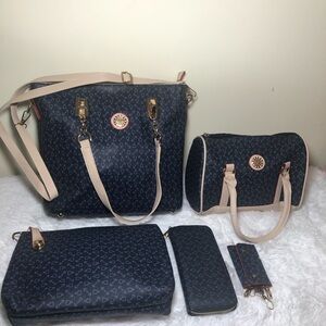 5 Piece Women's Navy Pattern Shoulder Bag with Cream Handles